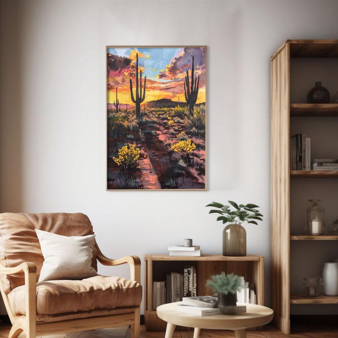 Golden Hour Desert Saguaro Silhouette Sunset Painting Poster - Image 2