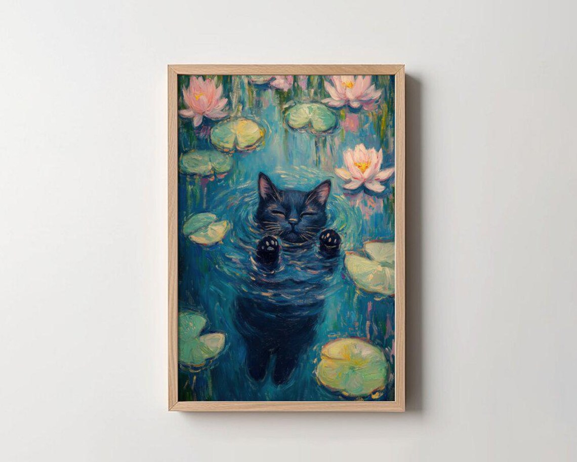 Cute Cat Floating In Water Lilies Art Print Cat Lover Illustration Whimsical Decoration Wall Art Decor