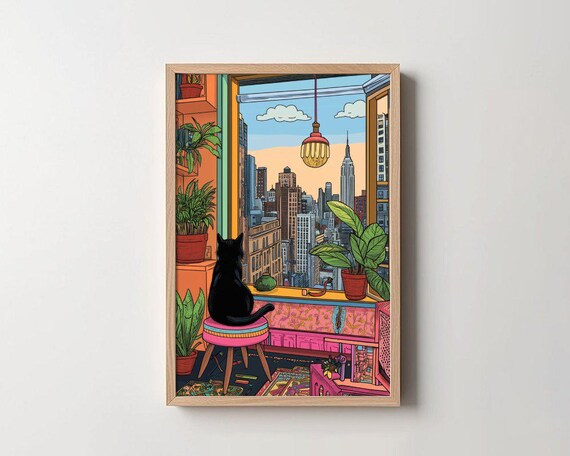 Colorful Comic Style Black Cat at Open Window City View Poster