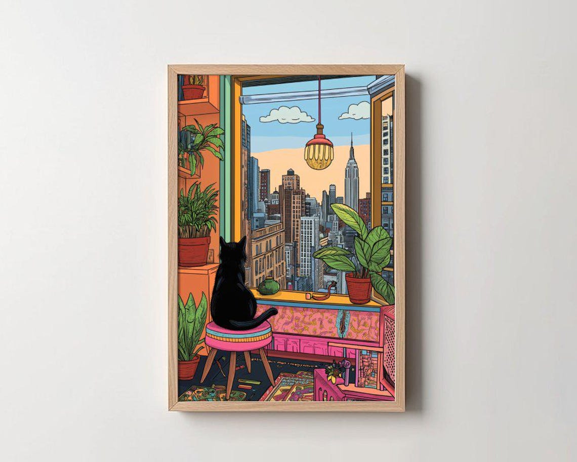 Colorful Comic Style Black Cat at Open Window City View Poster