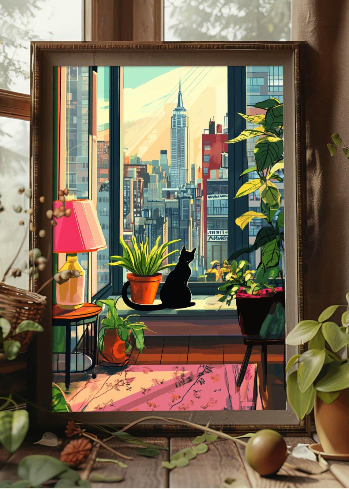 Black Cat on Windowsill Gazing at New York City Skyline Poster - Image 2