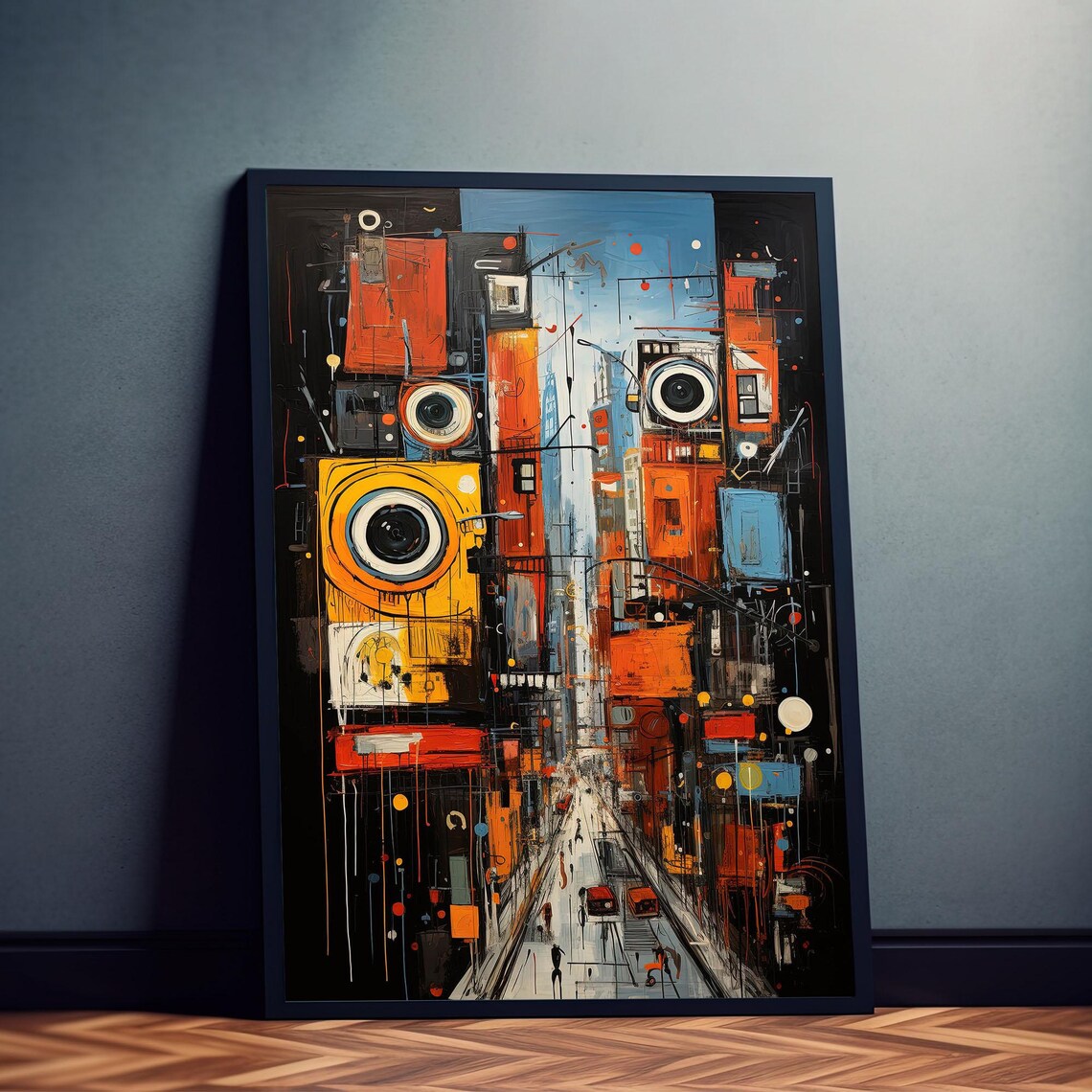 Urban Symphony Abstract City Street Camera Eyes Basquiat Style Poster - Image 3