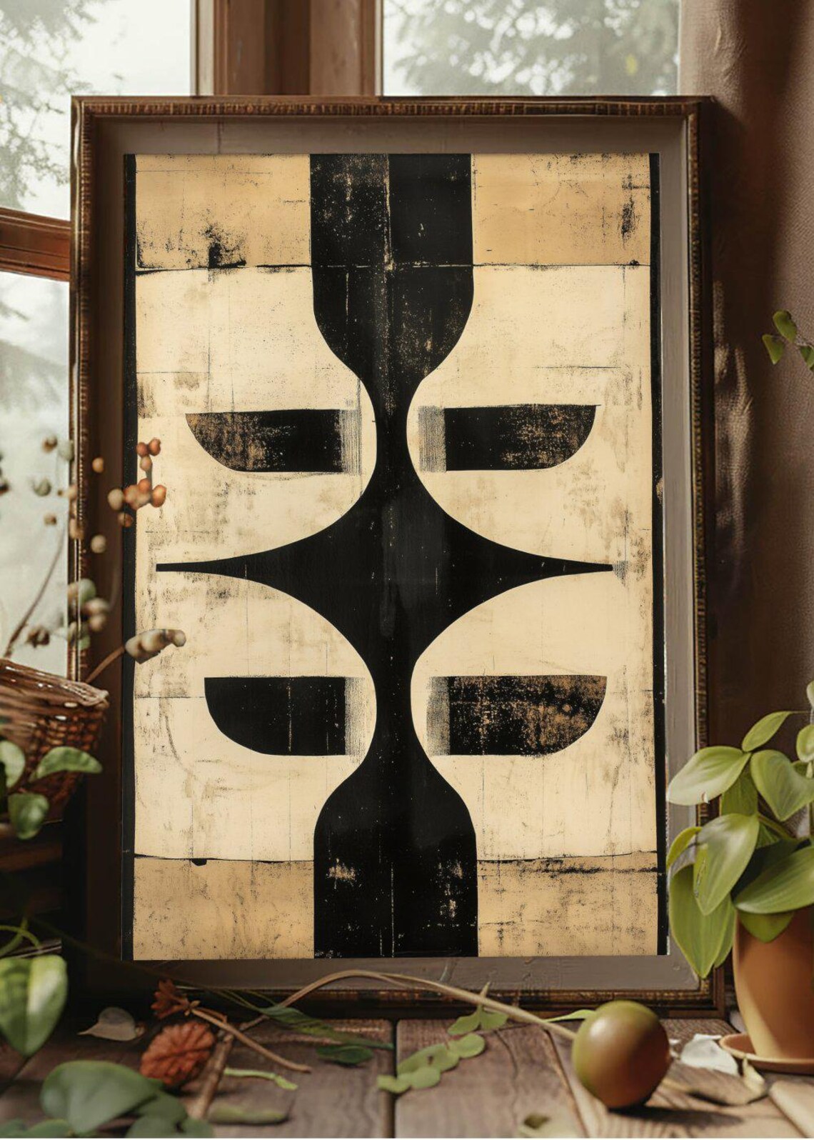 Black Totem Abstract Symmetric Tribal Shapes Beige Modern Art Poster - Image 2