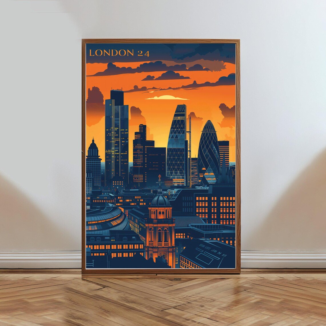 London 24 Skyline At Dusk Retro Travel Style City Art Poster