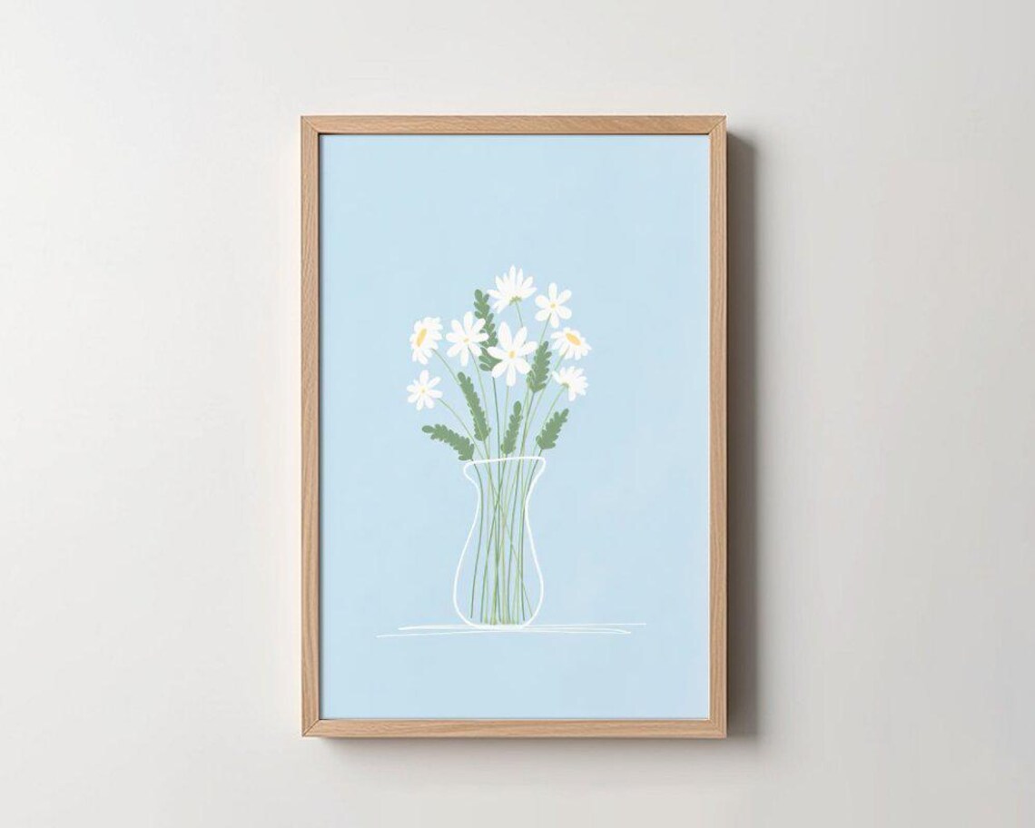 White Daisies In Glass Vase Minimalist Line Art Botanical Poster