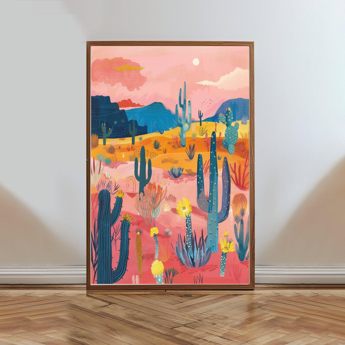 Colorful Desert Sunset Cactus Landscape Modern Illustration Poster