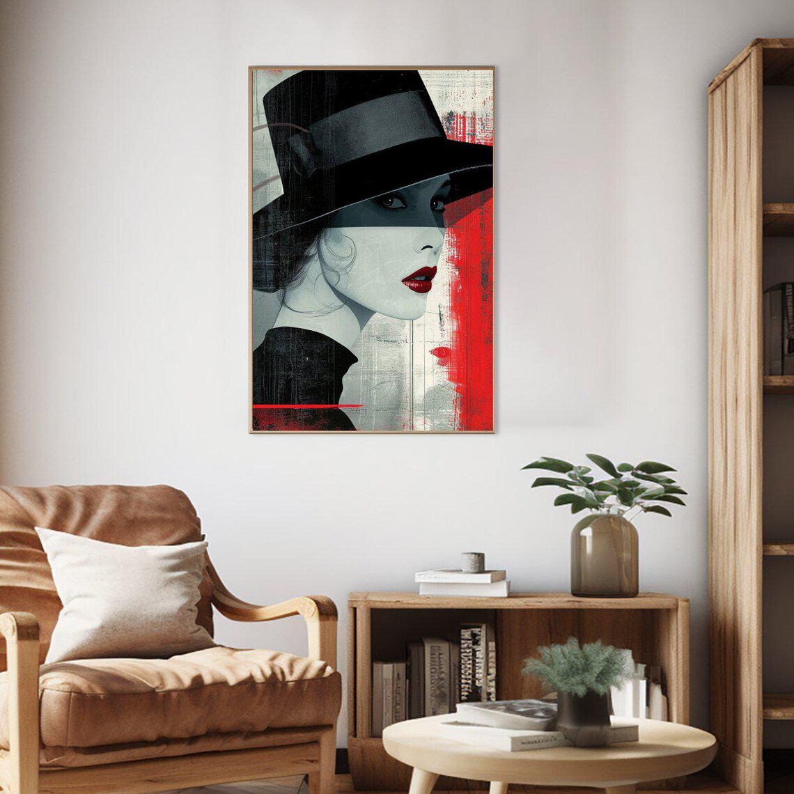 Stylish Woman In Black Hat Red Lips Fashion Illustration Poster - Image 2