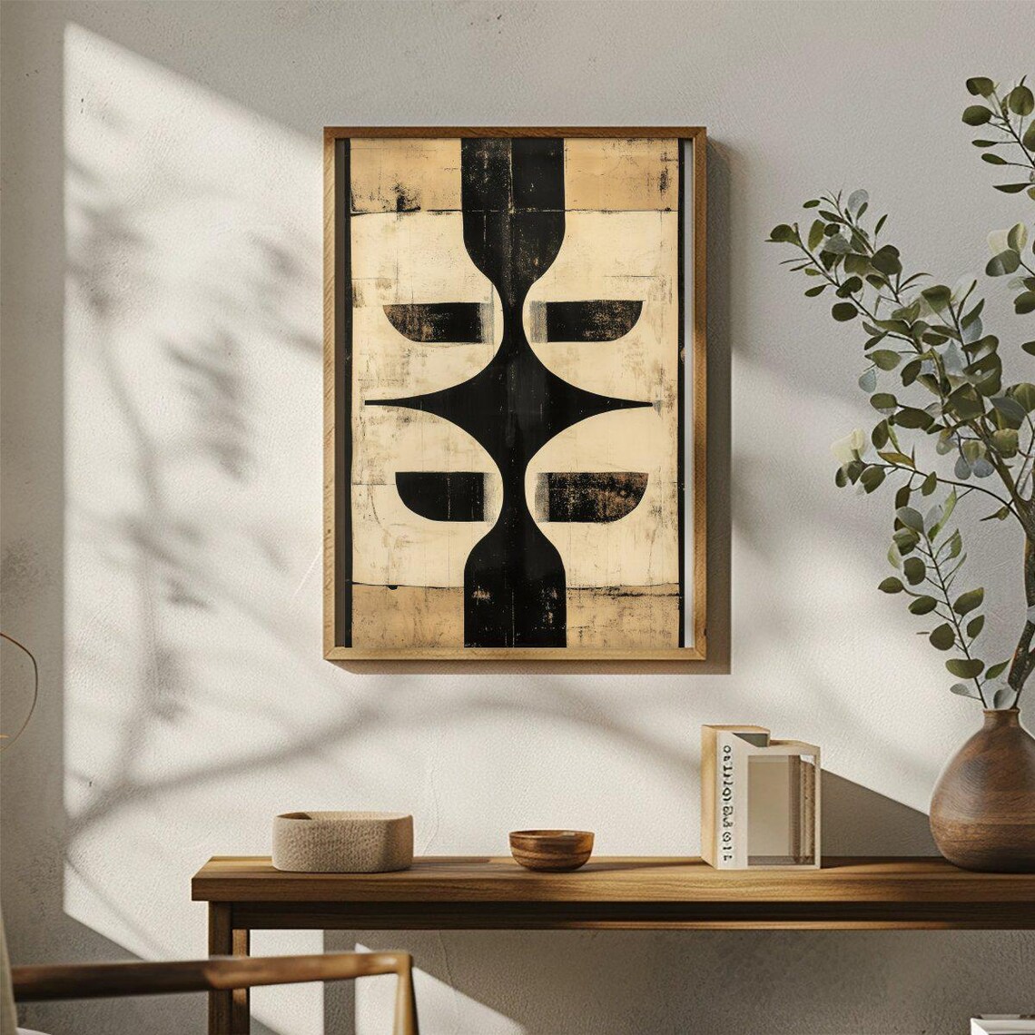 Black Totem Abstract Symmetric Tribal Shapes Beige Modern Art Poster - Image 3