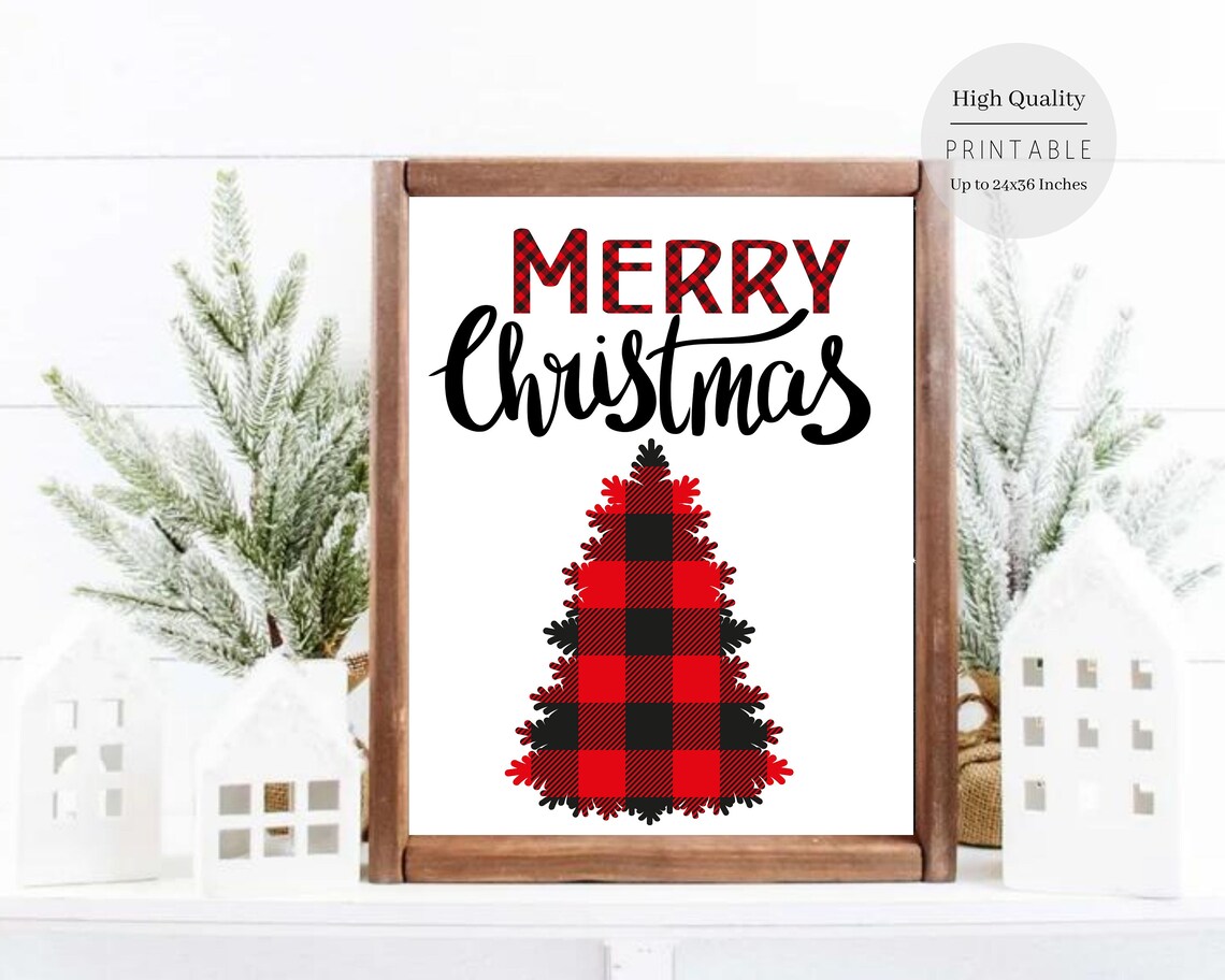 Merry Christmas Red Black Buffalo Plaid Feathery Tree Greeting Poster