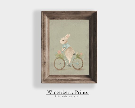 Bunny Riding Bicycle Watercolor Blue Jacket Flowers Whimsical Easter Print