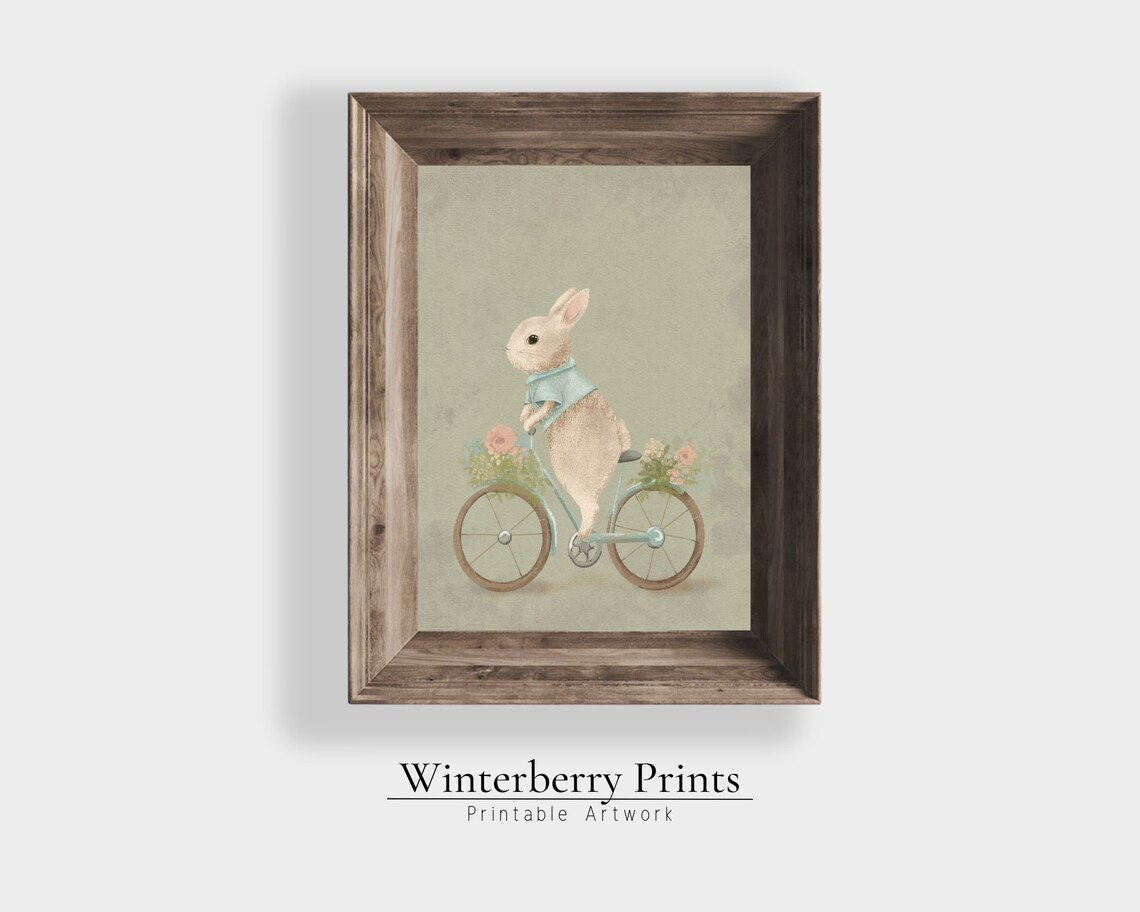 Bunny Riding Bicycle Watercolor Blue Jacket Flowers Whimsical Easter Print