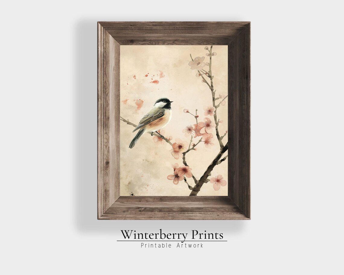Chickadee Watercolor Painting Pink Cherry Blossom Branch Spring Bird Print