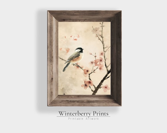 Chickadee Watercolor Painting Pink Cherry Blossom Branch Spring Bird Print