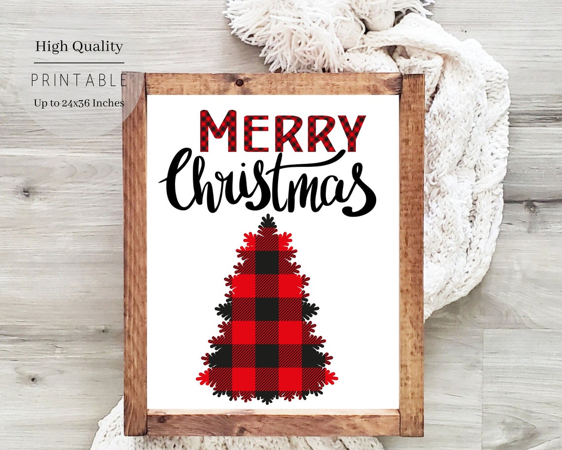 Merry Christmas Red Black Buffalo Plaid Feathery Tree Greeting Poster - Image 3