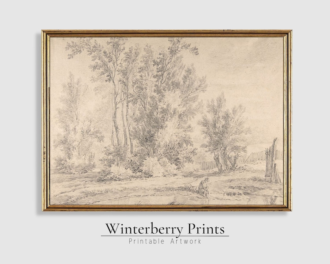 Antique Pencil Sketch Woodland Pond Trees Peaceful Landscape Wall Art