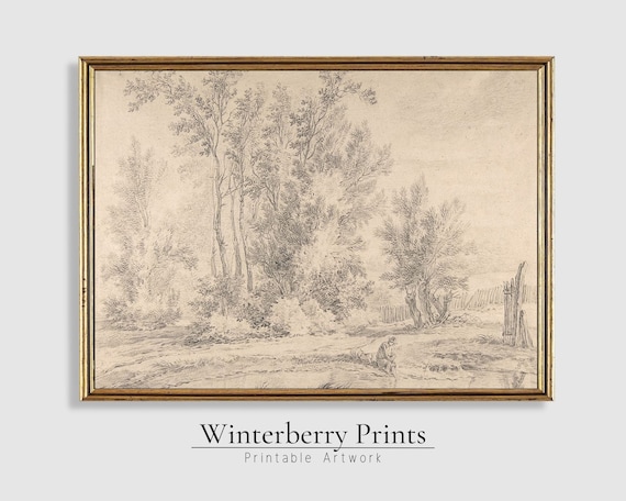 Antique Pencil Sketch Woodland Pond Trees Peaceful Landscape Wall Art
