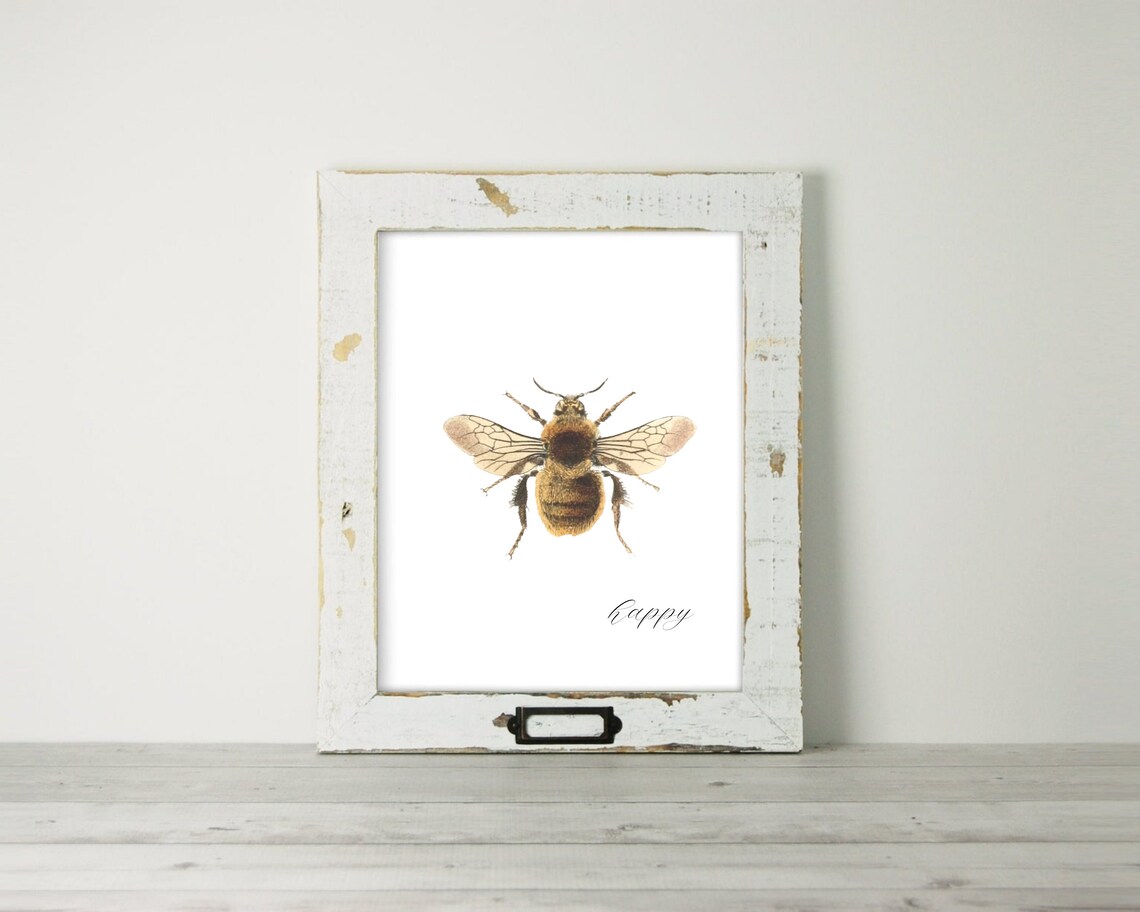 Vintage Bumble Bee Illustration Happy Script White Spring Wall Art Poster - Image 5