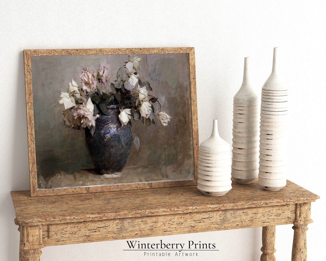 Antique White Roses Dark Vase Still Life Oil Painting Vintage Art Poster - Image 4