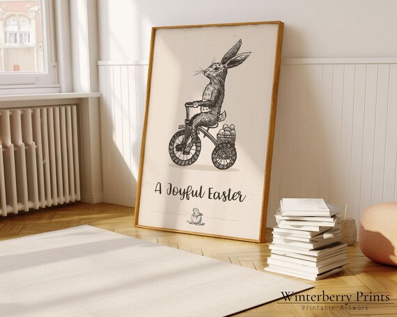 A Joyful Easter Bunny Riding Tricycle Vintage Sketch Easter Wall Art Print