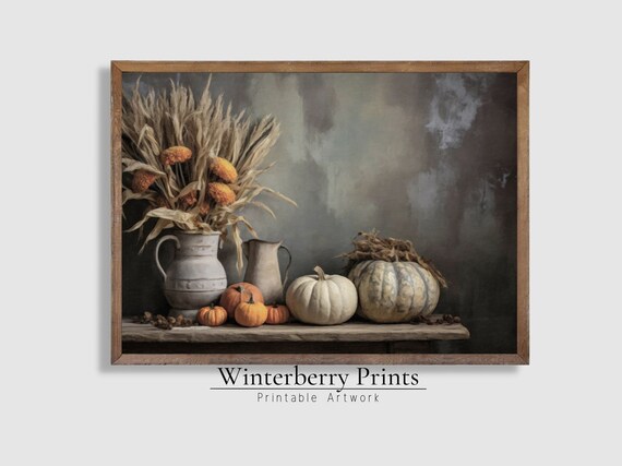 Harvest Still Life Wheat Pumpkins Stoneware Moody Autumn Wall Art