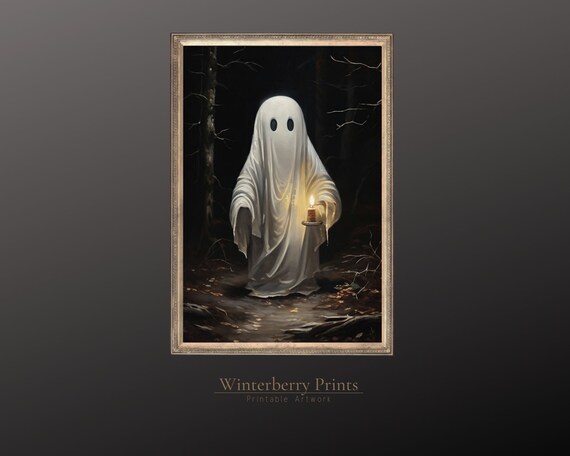 Cute Ghost Holding Candle Dark Forest Spooky Halloween Oil Painting Art Print