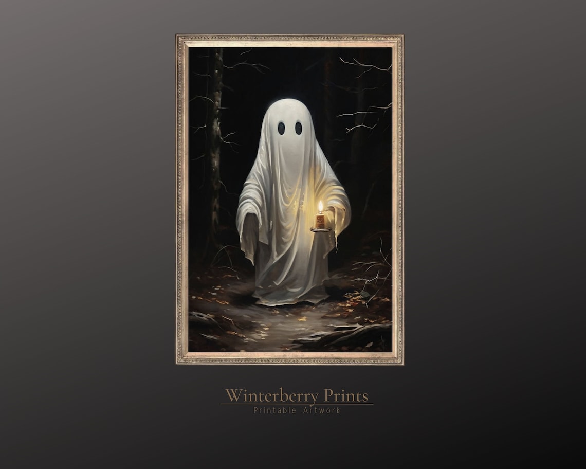 Cute Ghost Holding Candle Dark Forest Spooky Halloween Oil Painting Art Print