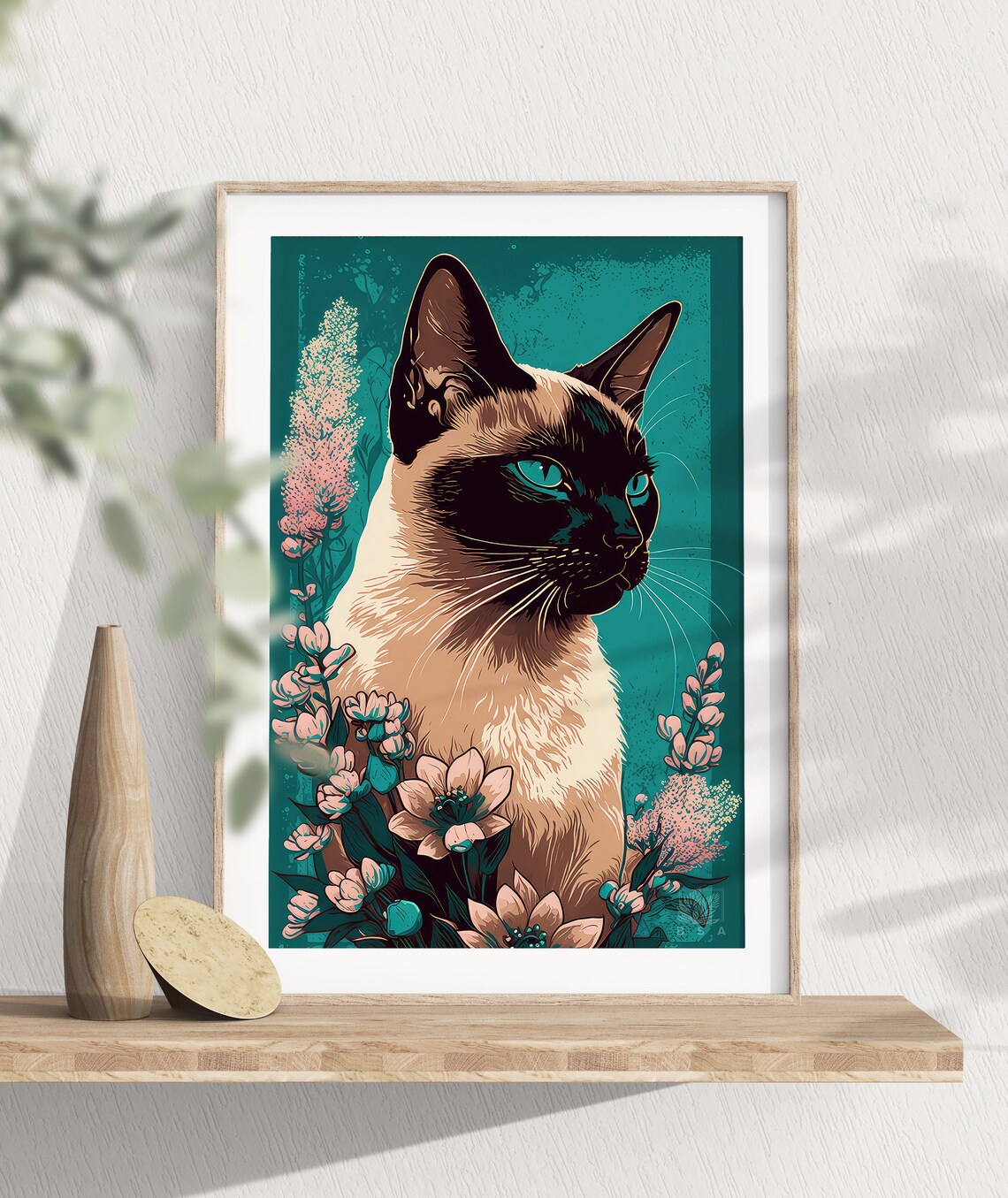 Siamese Cat Floral Portrait Green Eyes Tropical Botanical Poster - Image 3
