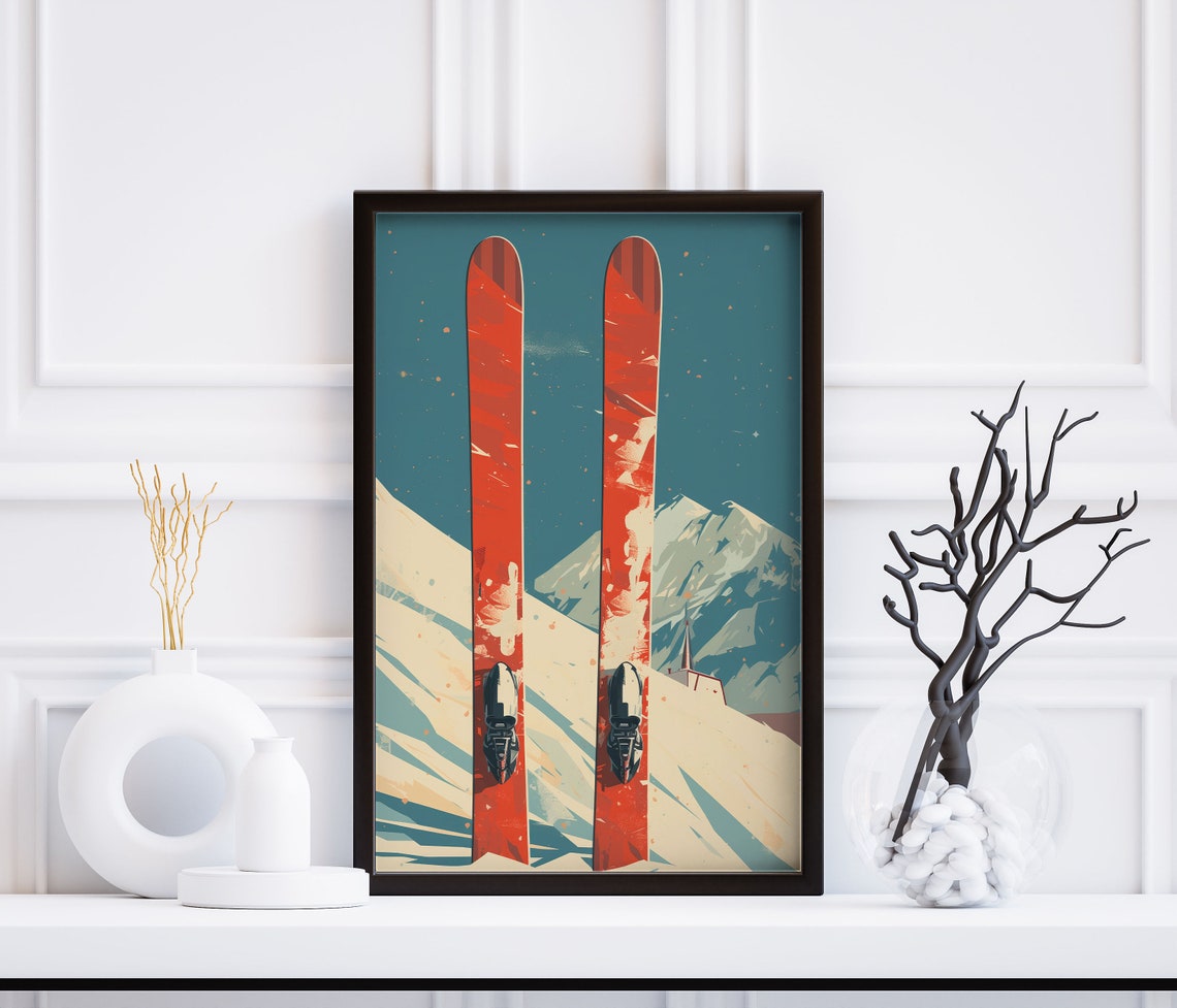 Red Skis On Snowy Slope Retro Alpine Ski Lodge Vintage Sport Wall Art - Image 3