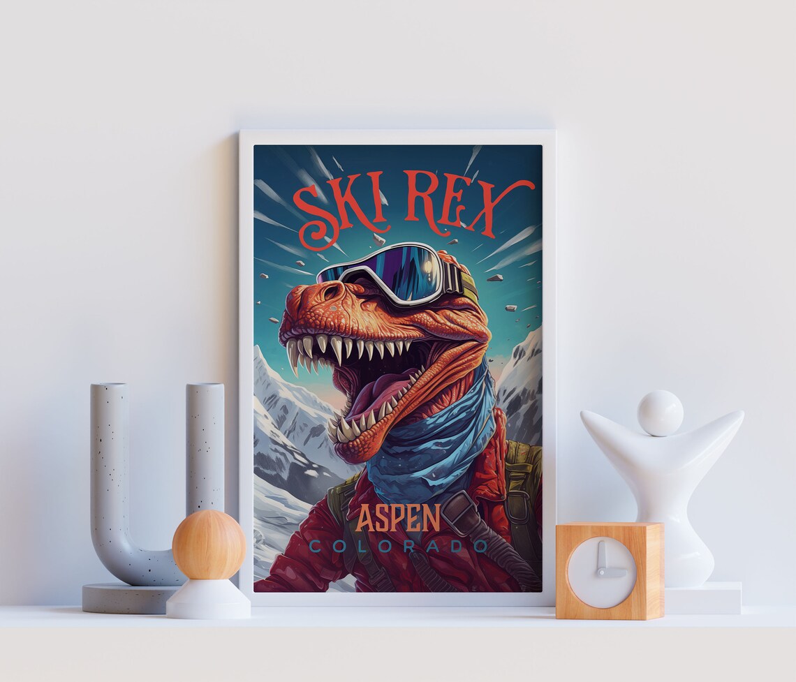 Ski Rex T Rex Park City Utah Funny Dinosaur Skiing Humor Wall Art - Image 3