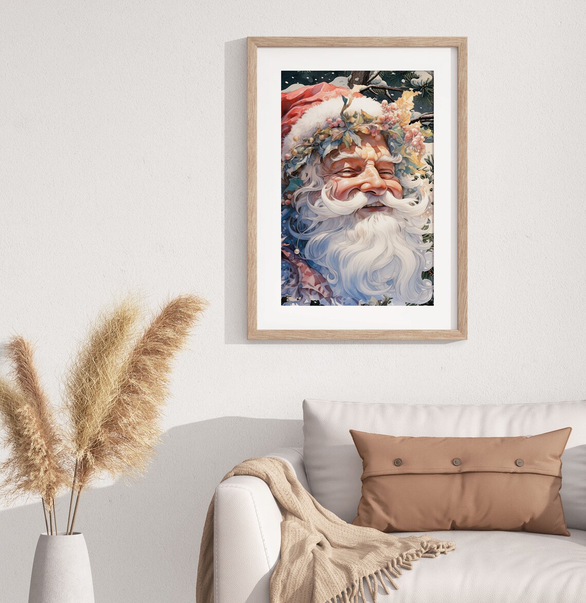 Watercolor Santa Claus Floral Crown Snowy Pines Artistic Christmas Wall Art - Image 2
