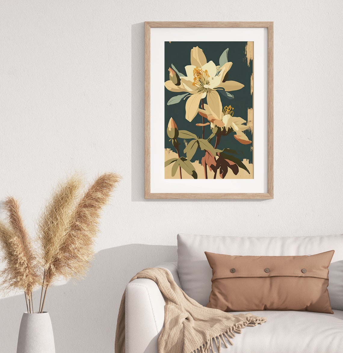 Cream Columbine Flower Botanical Art On Deep Dark Green Poster - Image 2