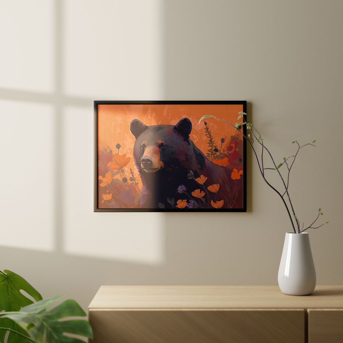 Black Bear Orange Poppies Wildflower Field Modern Wildlife Poster - Image 3