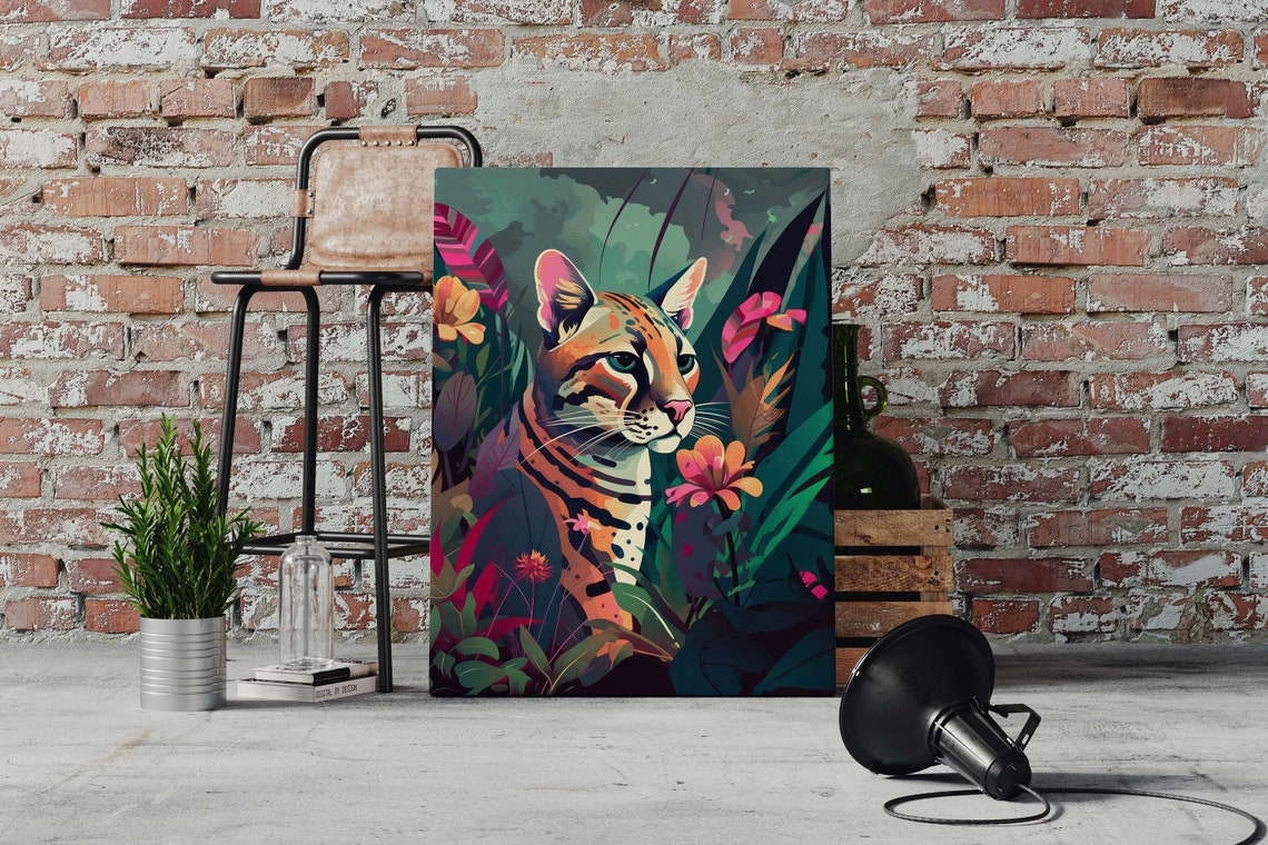 Ocelot Jungle Cat Surrounded by Tropical Flowers Feline Art Poster - Image 3