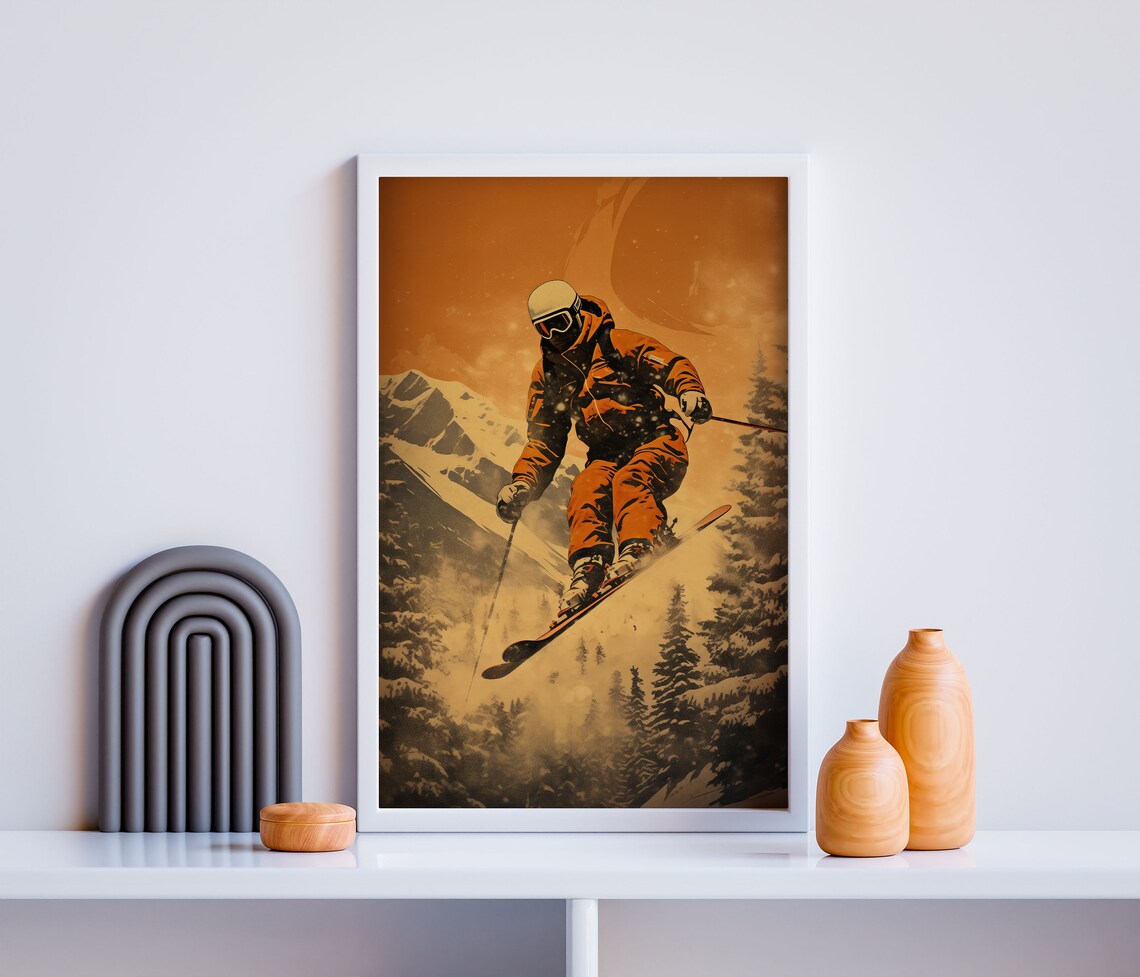 Vintage Ski Jumper Orange Sepia Retro Alpine Winter Sports Wall Art - Image 2