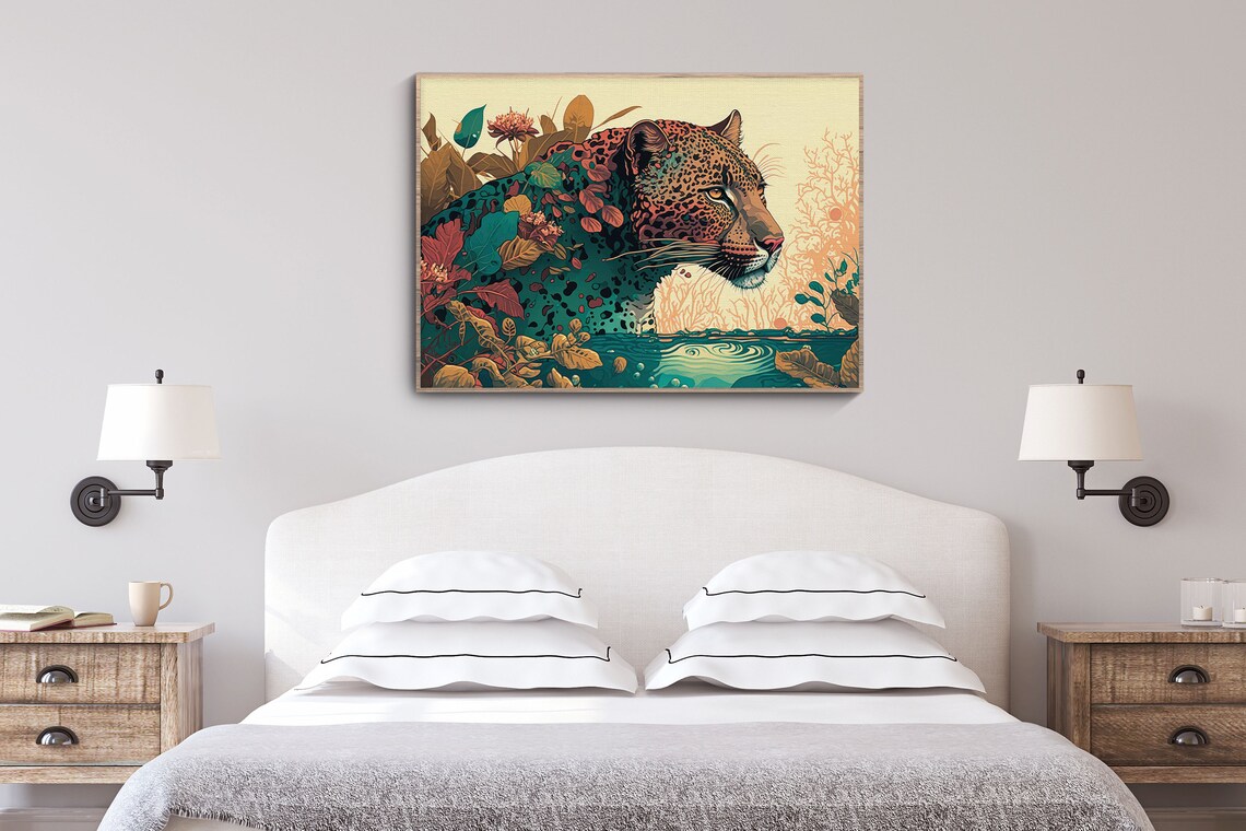 Spotted Jaguar Autumn Leaves Tropical Lagoon Water Wildlife Poster - Image 2