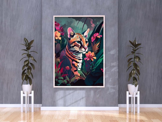 Ocelot Jungle Flower Poster Safari Gift Ocelot Flowers Print Modern Chic Decor