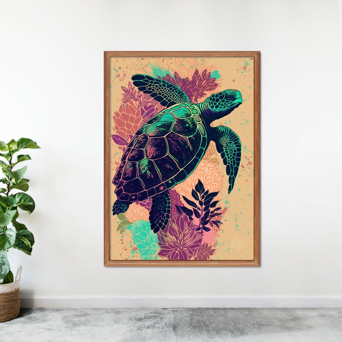 Green Sea Turtle Swimming Over Vibrant Coral Garden Art Poster