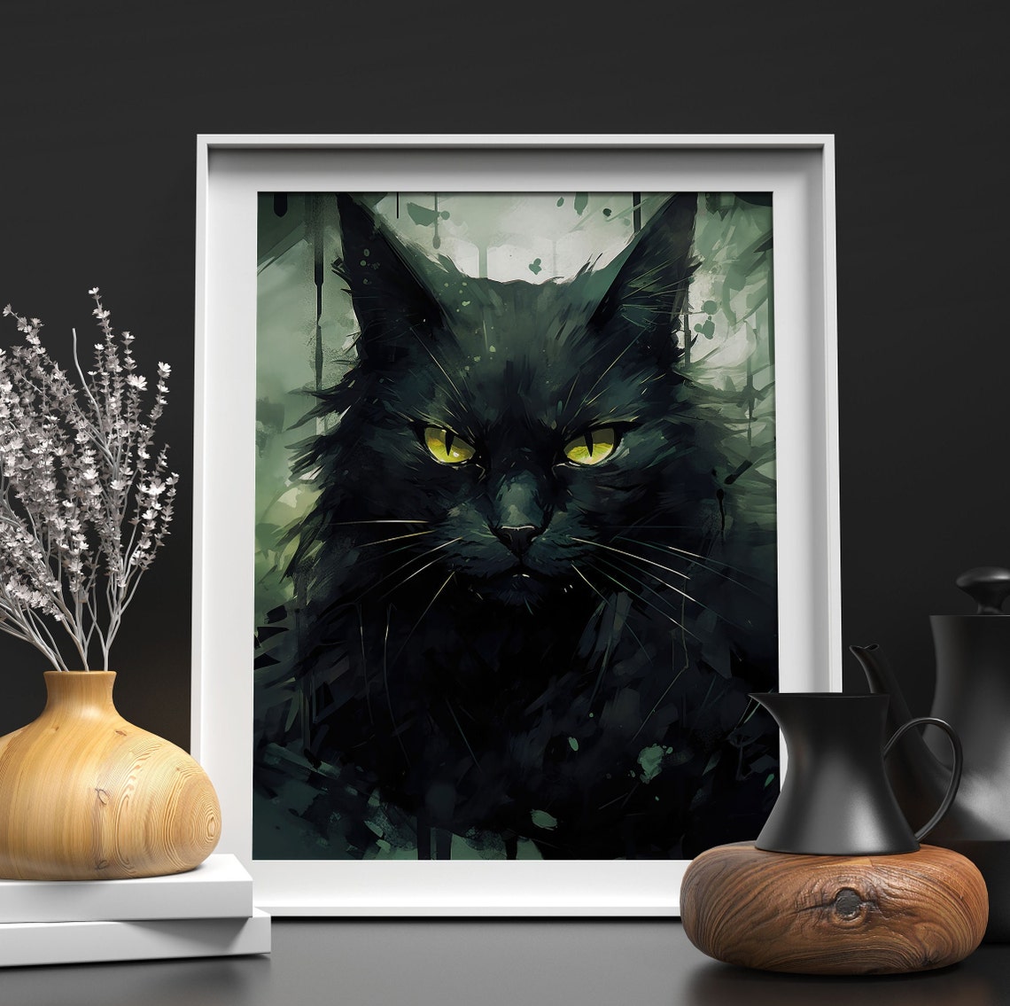 Black Cat Intense Yellow Eyes Moody Watercolor Portrait Poster - Image 3