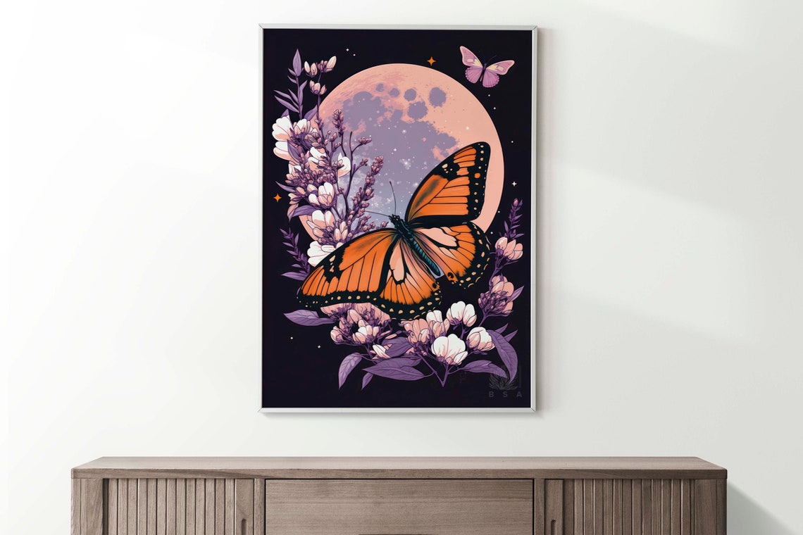 Monarch Butterfly Full Moon Poster Black Night Pink Floral Wall Decor - Image 3