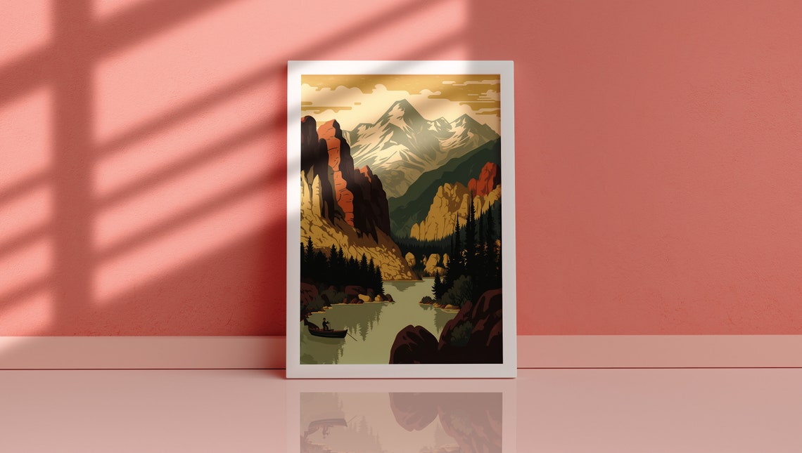 Retro Mountain Lake Canoe Red Cliffs Vintage Fishing Scene Wall Art - Image 2