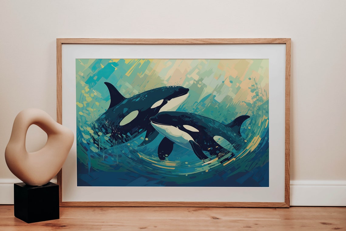 Two Orcas Swimming Teal Arctic Waters Ocean Scene Wildlife Poster - Image 3