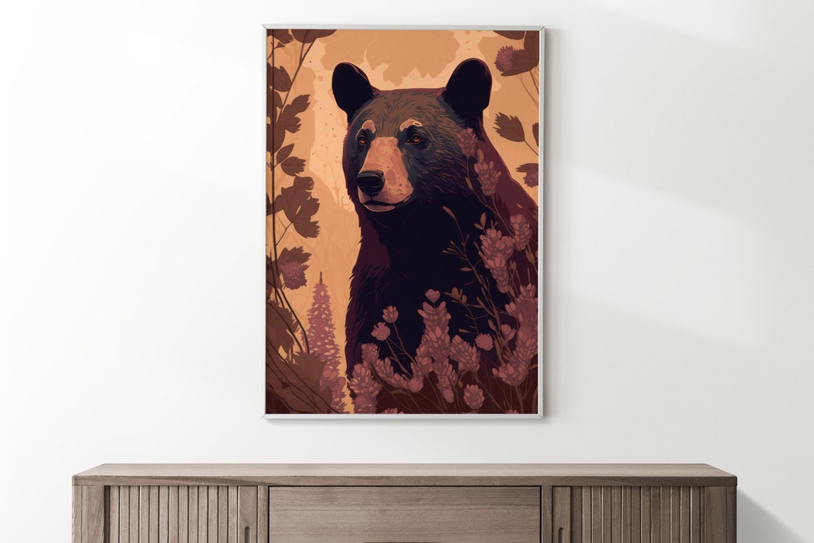 Black Bear Floral Poster Cabin Interior Decor Mountain Home Decor Modern Chic Wall Art - Image 2