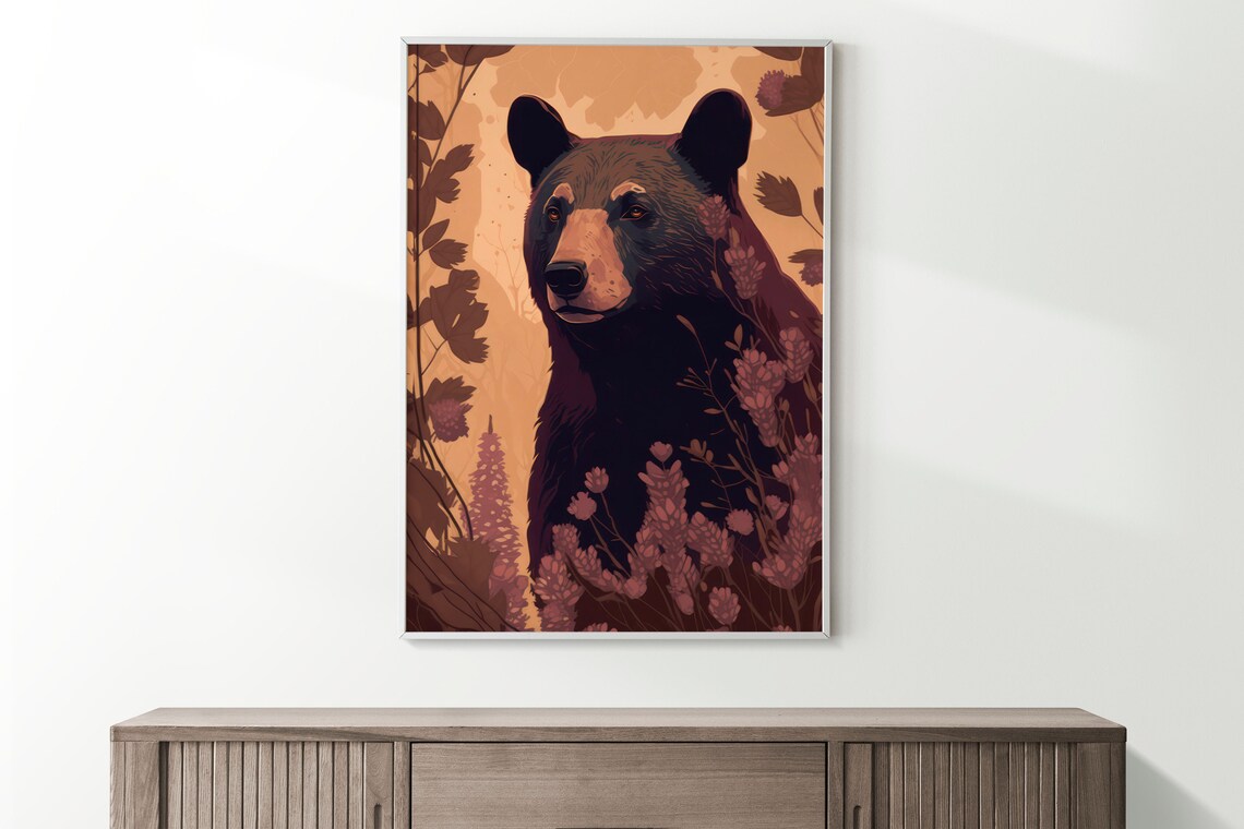 Black Bear Portrait With Dusky Pink Wildflowers Nature Poster - Image 2