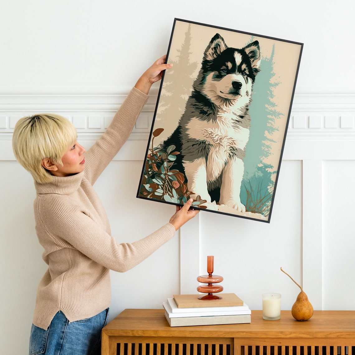 Husky Puppy Poster Sitting Portrait Beige Teal Modern Dog Art Decor - Image 3