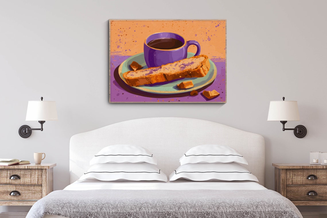 Purple Coffee Cup with Biscotti Colorful Modern Kitchen Art Poster - Image 3