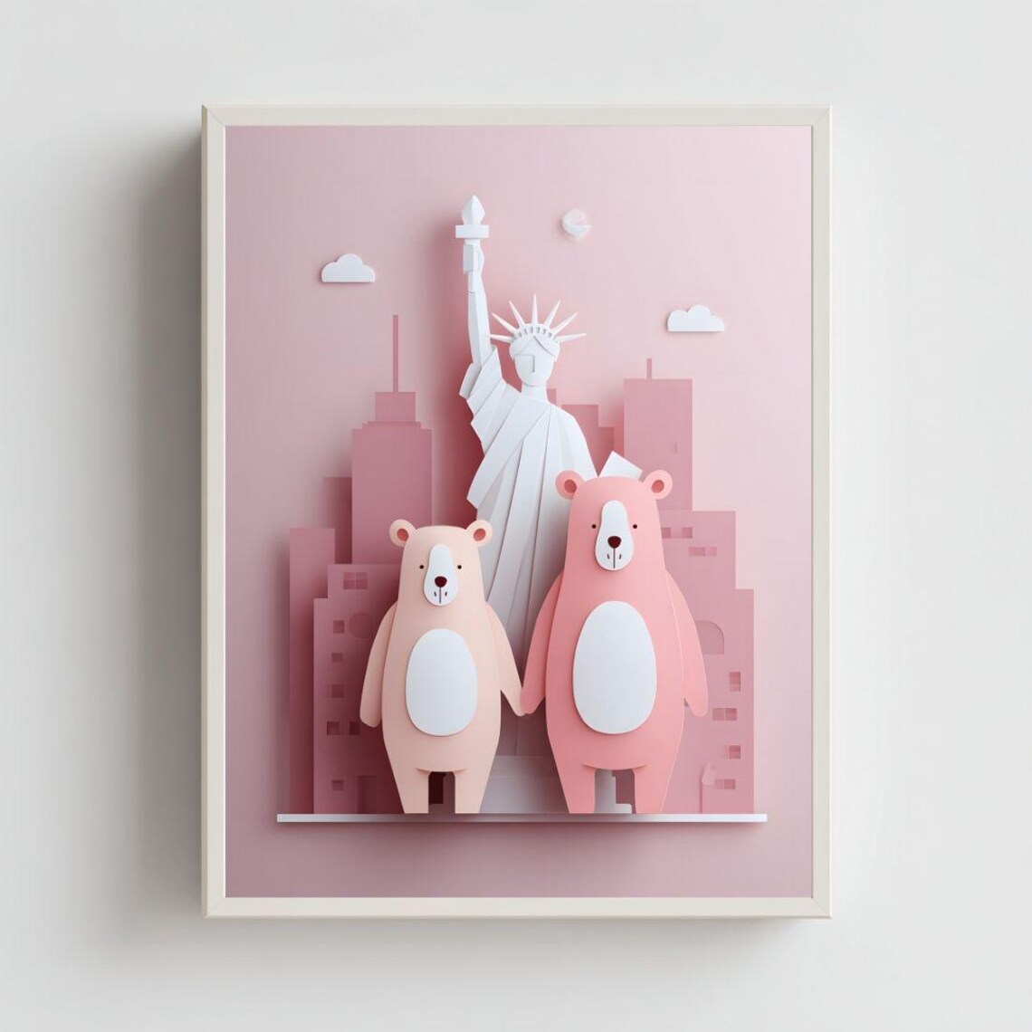 Pink Bears Statue of Liberty New York Paper Cut Nursery Art Poster