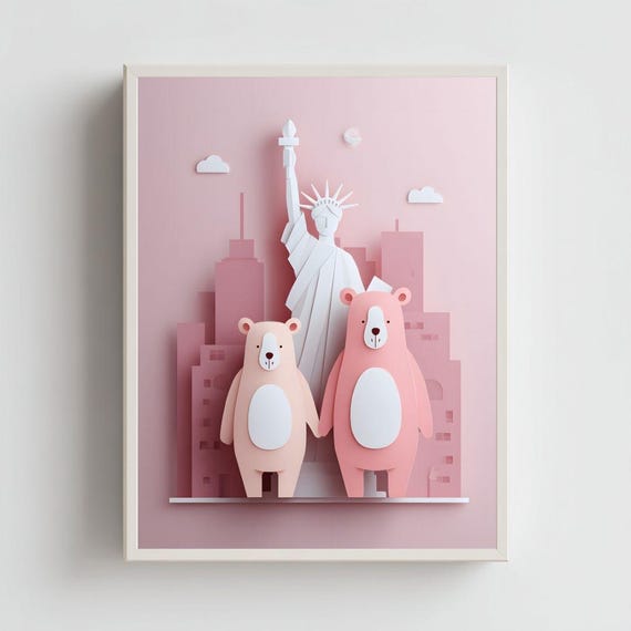 Pink Bears Nyc Art Print Statue Of Liberty Nursery Decor 129