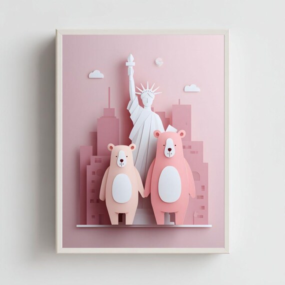 Pink Bears Statue of Liberty New York Paper Cut Nursery Art Poster