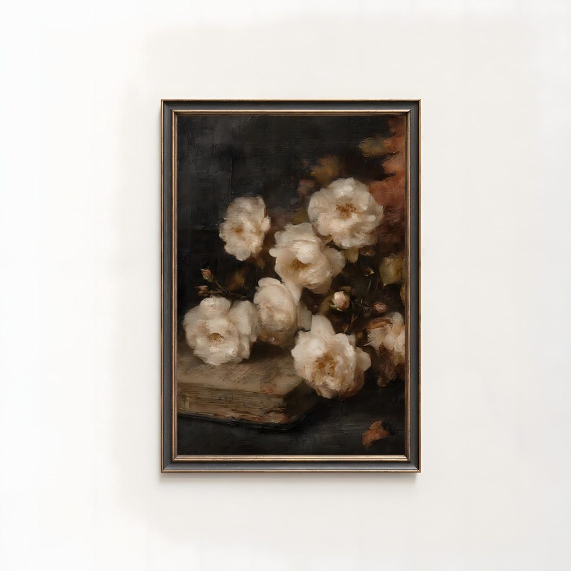White Roses on Vintage Book Dark Moody Floral Oil Painting Print