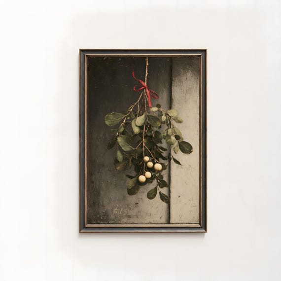 Vintage Mistletoe Sprig White Berries Red Ribbon Farmhouse Poster
